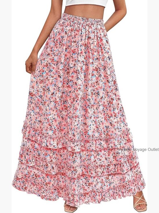 Dresses & Skirts - Maxi Skirt with Elastic Waist Floral A-Line Ruffle Tiered Wedding Guest